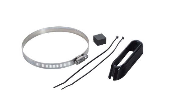 Low Profile Trolling Motor Mount for DSI Skimmer 000-10261-001 with metal hose clamp, black plastic mounting bracket, two zip ties, and a small foam block for secure installation.