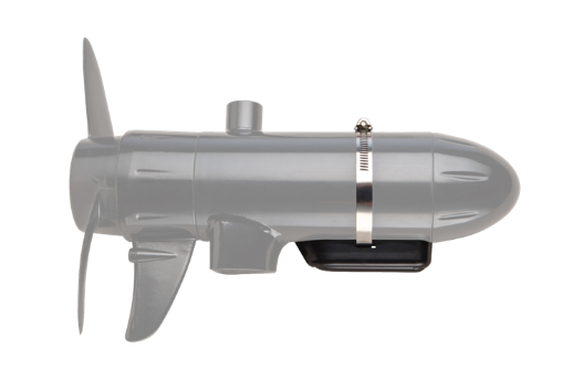 Low Profile Trolling Motor Mount for DSI Skimmer 000-10261-001 in gray durable plastic with attached metal clamp and propeller blade for fishing tackle and marine electronics use.