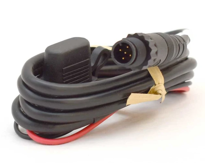 Lowrance Boat Backbone Power Cable 032-22597-02 featuring a coiled black cable with a round multi-pin connector and protective cover, designed for marine electronics use.