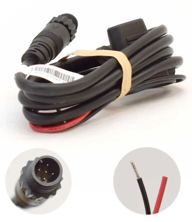 Lowrance Boat Backbone Power Cable 032-22597-02 coiled black power cable with circular 5-pin connector on one end and exposed black and red wires on the other for marine electronics.