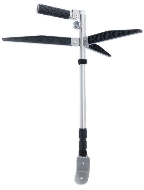 Lowrance Explorer Series Ice Transducer Pole Only 000-15955-001 featuring a sturdy metal shaft, ergonomic handle, and two adjustable black stabilizer fins for secure ice fishing transducer mounting.