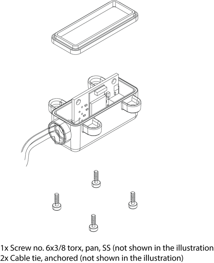 Diagram of Lowrance Ghost Bluetooth Module Kit 000-15315-001 showing a rectangular transparent cover, internal circuit board, cylindrical wire connector, and four screws below the main enclosure for assembly.