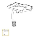 Lowrance Ghost Button, Rear Left Kit 000-15312-001 showing a small rectangular button assembly with an attached cable and a separate metal spring component for fishing tackle or marine electronics.