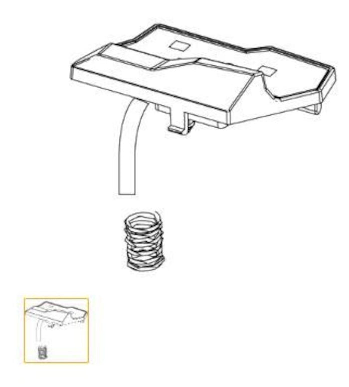 Lowrance Ghost Button, Rear Left Kit 000-15312-001 showing a small rectangular button assembly with an attached cable and a separate metal spring component for fishing tackle or marine electronics.