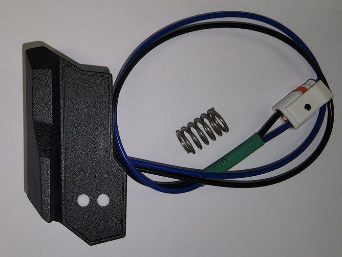 Lowrance Ghost Button, Rear Left Kit 000-15312-001 showing a black plastic button housing with connected blue and black wires, white connector, and a small metal spring for fishing tackle or marine electronics use.