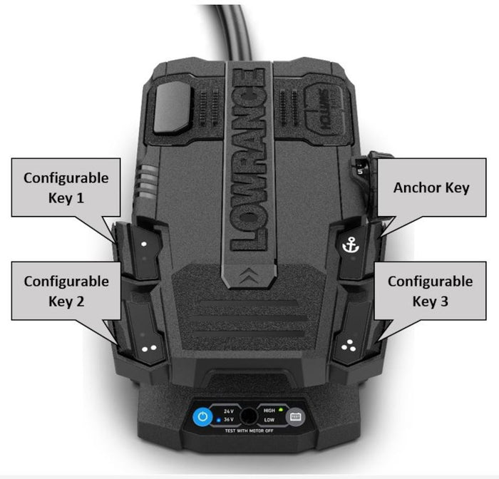 Lowrance Ghost Button, Rear Left Kit 000-15312-001 showing a black rugged control unit with labeled configurable keys and an anchor key for marine electronics use.