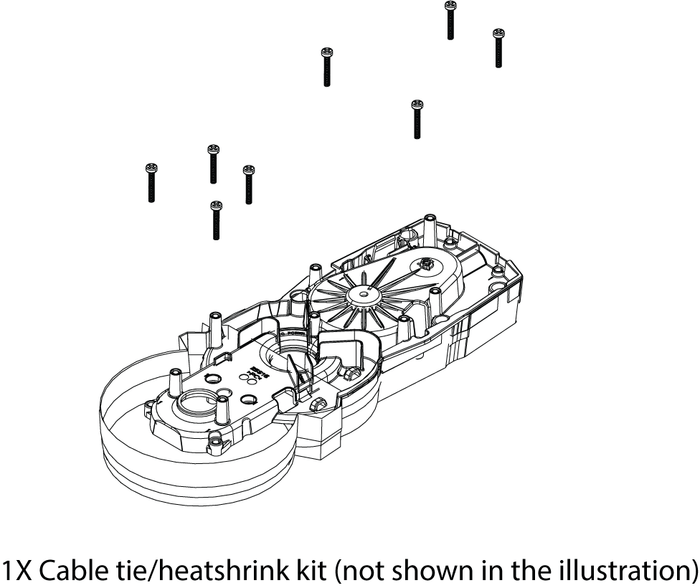 Detailed technical line drawing of the Lowrance Ghost GEAR COVER KIT 000-15258-001 showing the internal gear cover assembly with multiple screws positioned above for installation, designed for marine electronics protection and maintenance.