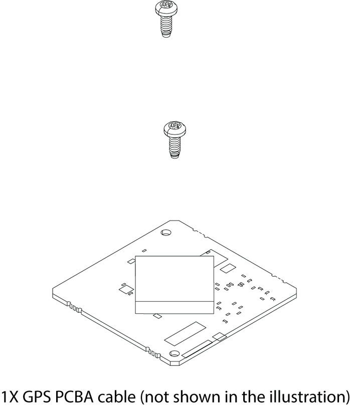 Diagram of Lowrance Ghost GPS PCBA Kit 000-15255-001 showing a rectangular circuit board with electronic components and two screws positioned above it, illustrating assembly steps for marine electronics use.