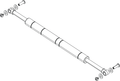 Line drawing of a cylindrical lift assist kit including bolts, washers, and nuts for mounting, shown disassembled at both ends, designed for fishing rod or tackle support; Lowrance Ghost LIFT ASSIST KIT,52"/60" 000-15679-001.