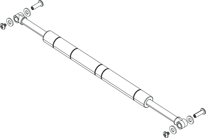 Line drawing of a cylindrical lift assist kit including bolts, washers, and nuts for mounting, shown disassembled at both ends, designed for fishing rod or tackle support; Lowrance Ghost LIFT ASSIST KIT,52"/60" 000-15679-001.