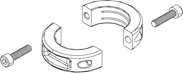 Lowrance Ghost Lower Bearing Clamp Kit 000-15244-001 showing two curved clamp halves and two hex bolts, designed for secure mounting in marine electronics or fishing tackle setups.