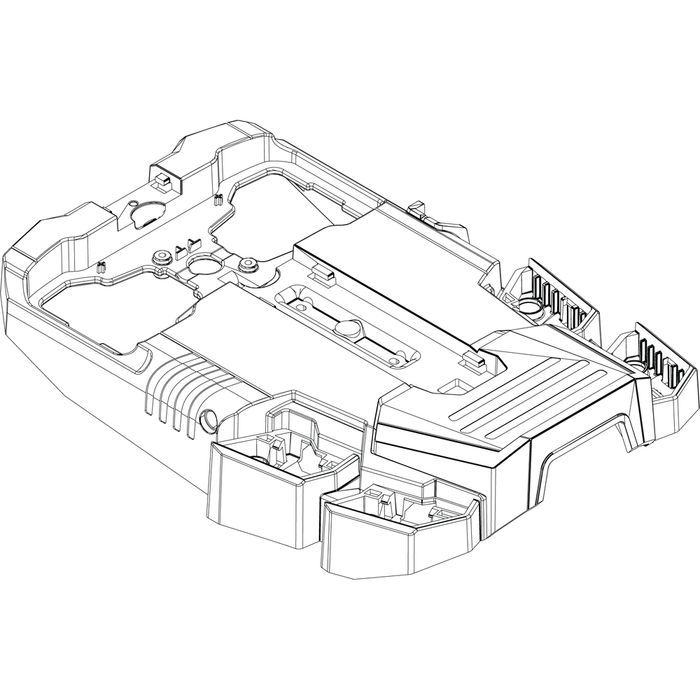 Detailed line drawing of a black plastic marine electronics accessory showing multiple connector ports and structural features for mounting, representing the Lowrance Ghost Pedal, Upper 000-15322-001.