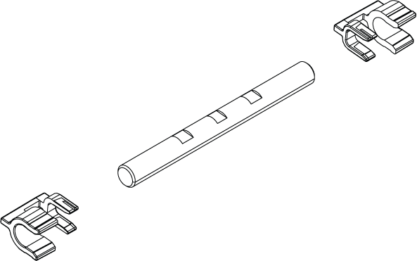 Lowrance Ghost Push Rod Pin 000-15298-001 shown as a cylindrical pin with evenly spaced notches and two matching plastic clips designed for secure attachment in fishing tackle equipment.