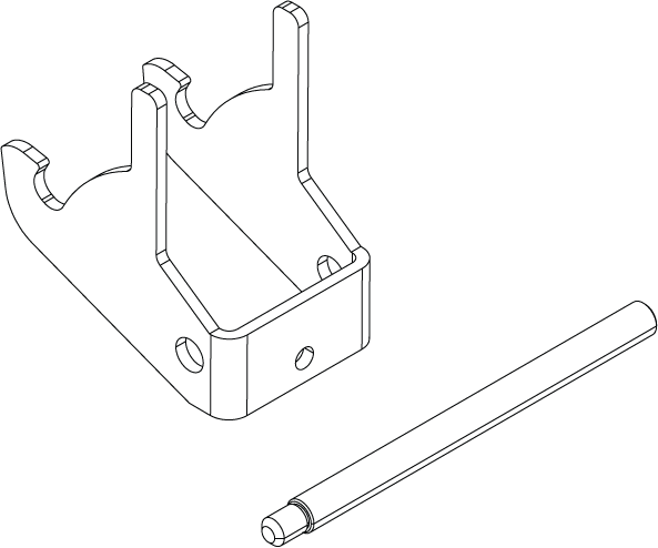 Line drawing of a Lowrance Ghost Rear Latch Kit 000-15287-001 featuring a rectangular plastic latch with two upright prongs and a separate cylindrical pin, designed for marine electronics mounting.