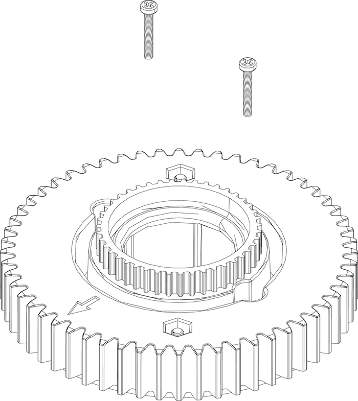 Lowrance Ghost Slip Gear Assembly 000-15270-001 showing a circular gear with teeth around the edge and two screws positioned above it, used in fishing tackle and marine electronics.