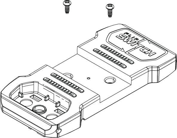 Line drawing of the Lowrance Ghost Switch Housing Kit 000-15318-001, showing a rectangular mounting base with labeled switch area and two screws above for assembly, used in marine electronics and fishing tackle setups.