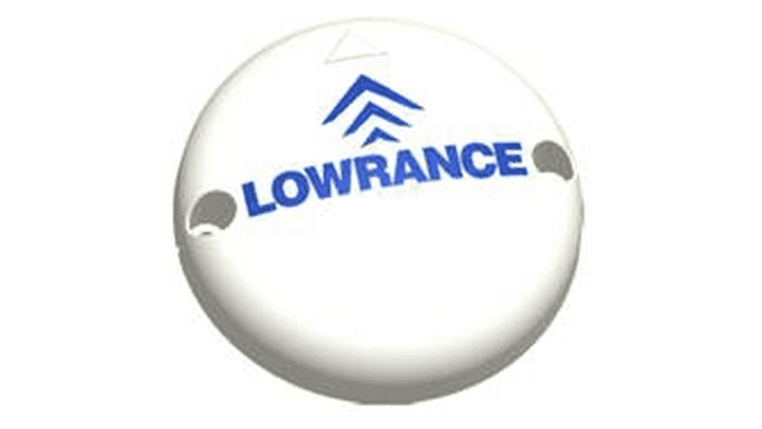 Lowrance Ghost TMC-1 000-15325-001 marine electronics device with white circular body featuring blue Lowrance logo, designed for fishing tackle use.
