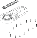 Lowrance Ghost Top Housing Assembly 000-15252-001 shown with outer casing, circular lens area, separate logo piece, and multiple small screws for secure assembly.