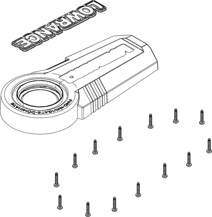Lowrance Ghost Top Housing Assembly 000-15252-001 shown with outer casing, circular lens area, separate logo piece, and multiple small screws for secure assembly.