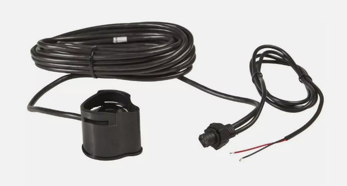 Lowrance PD-WSU 83/200 kHz Pod Style Transducer 000-0106-59 showing a black cylindrical transducer pod attached to a lengthy cable with a connector and bare wire ends for marine electronics use.