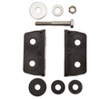 Lowrance Skimmer Transducer Mounting Kit - 50/200 kHz 000-10392-001 showing black plastic mounting brackets, metal bolt, washers, nut, and rubber gaskets arranged on a white background for marine electronics installation.
