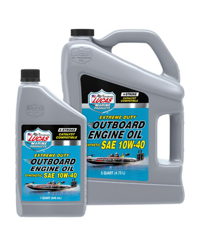 Two gray containers of Lucas Outboard Engine Oil Synthetic SAE 10W-40 with blue labels featuring a fishing boat on water, designed for 4-stroke engines and catalyst compatibility.