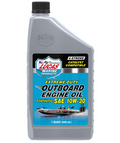 Gray plastic bottle of Lucas Outboard Engine Oil Synthetic SAE 10W-40 with black cap, featuring a blue and black label highlighting extreme duty and 4-stroke compatibility for marine engines.