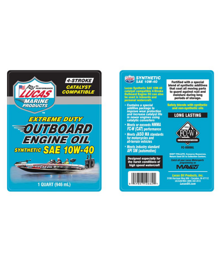 Front and back views of a Lucas Outboard Engine Oil Synthetic SAE 10W-40 container, showing branding, product details, and usage information for marine and motor vehicles, with emphasis on catalyst compatibility and extreme duty performance.
