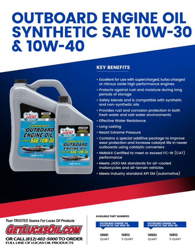 Bottle of Lucas Outboard Engine Oil Synthetic SAE 10W-40 displayed with key benefits listed, highlighting protection against rust, corrosion, and extreme pressure for marine engines.