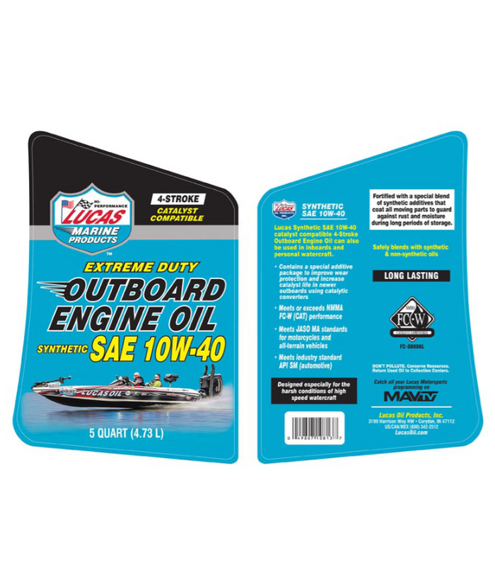 Labels for Lucas Outboard Engine Oil Synthetic SAE 10W-40 showing product details, features for 4-stroke engines, catalyst compatibility, and usage instructions for marine and personal watercraft protection.