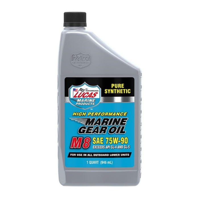 Bottle of Lucas SAE 75W-90 M8 Marine Gear Oil QT 10652, a pure synthetic high-performance lubricant recommended for outboard lower units in marine applications.