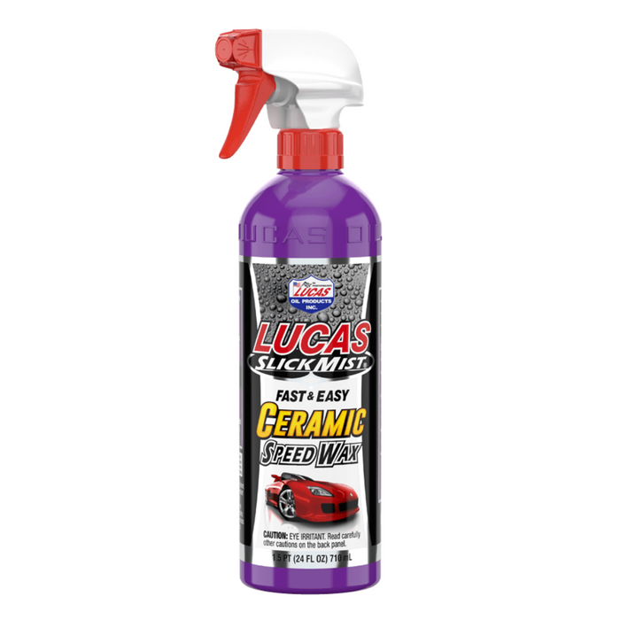 Bottle of Lucas Slick Mist Marine Ceramic Wax with purple body and red and white spray nozzle, designed for fast and easy ceramic speed waxing applications.