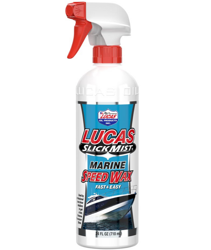 Bottle of Lucas Slick Mist Marine Speed Wax 24oz. 10980 with a white and red spray nozzle, featuring marine graphics on the label indicating its use for fast and easy waxing in marine environments.