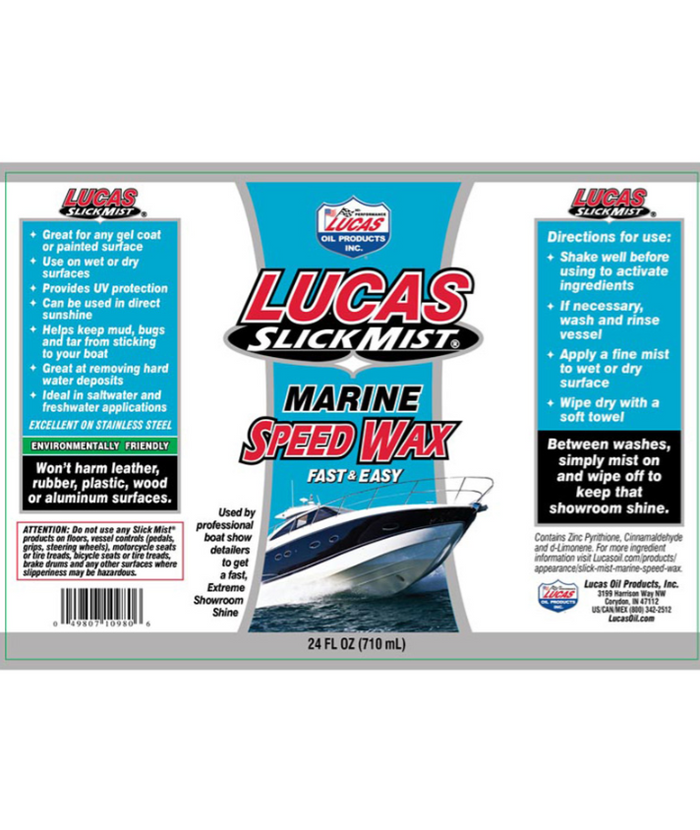Label for Lucas Slick Mist Marine Speed Wax 24oz. 10980 showing product benefits, usage directions, environmental and surface safety features, designed for marine and fishing tackle care.