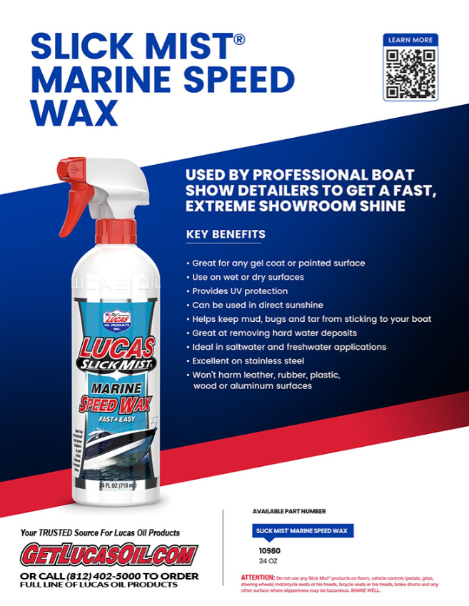 Spray bottle of Lucas Slick Mist Marine Speed Wax 24oz. 10980 shown with description emphasizing its fast showroom shine, use on gel coats, painted surfaces, boats, and various materials including stainless steel and wood.