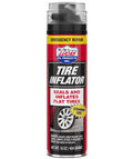 Lucas Tire Inflator 16oz 11180 in a red aerosol can designed for emergency repair, sealing and inflating flat standard tires, with a clear plastic cap and attached hose.