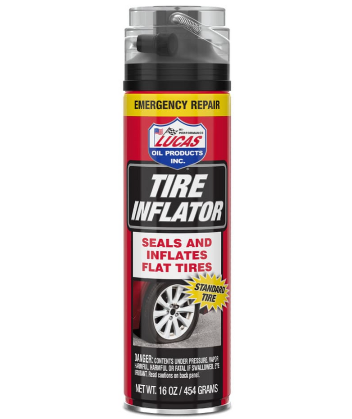 Lucas Tire Inflator 16oz 11180 in a red aerosol can designed for emergency repair, sealing and inflating flat standard tires, with a clear plastic cap and attached hose.