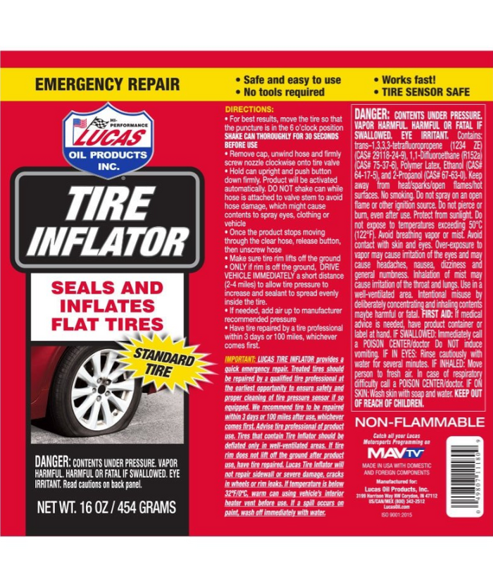 Lucas Tire Inflator 16oz 11180 emergency repair product label showing usage instructions, safety warnings, and features for sealing and inflating flat tires without tools.