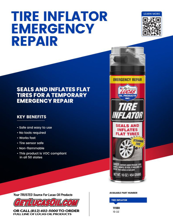 Lucas Tire Inflator 16oz 11180 can seals and inflate flat tires for temporary emergency repair, featuring a black and red aerosol can with safety and usability benefits listed.