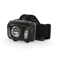 LuxPro Multi-Color 303L Headlamp featuring a compact black casing with adjustable elastic head strap, a central main light and two side lights for versatile hands-free illumination.