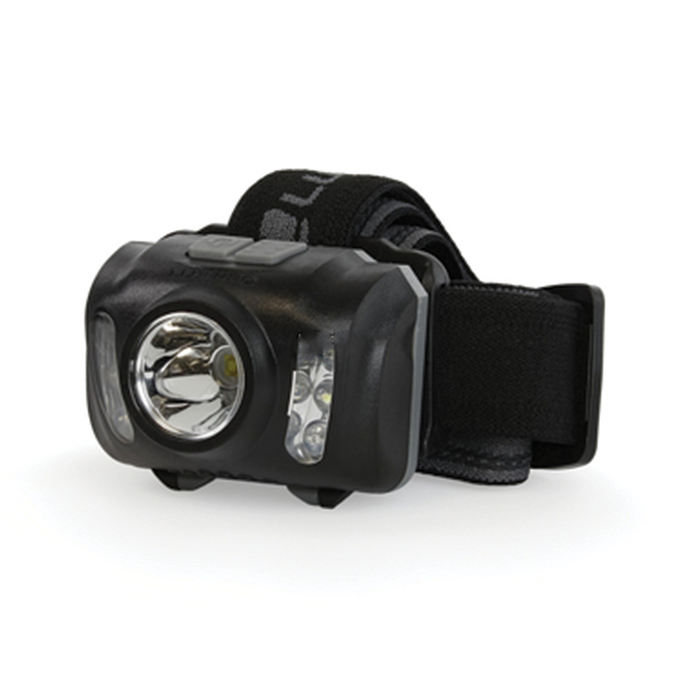 LuxPro Multi-Color 303L Headlamp featuring a compact black casing with adjustable elastic head strap, a central main light and two side lights for versatile hands-free illumination.