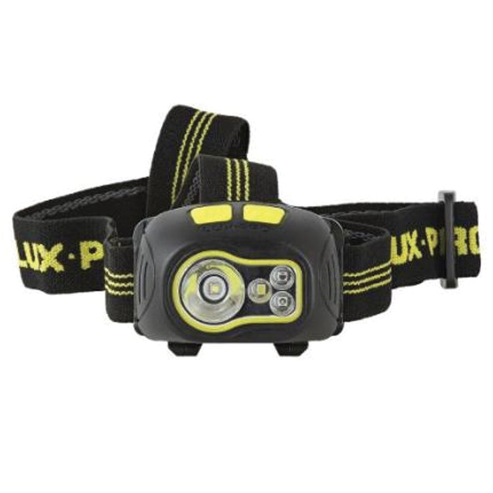 LuxPro Multi-Color LED Headlamp with adjustable black and yellow strap, featuring multiple LED lights for hands-free illumination during fishing or outdoor activities.