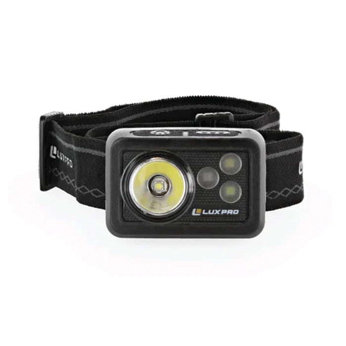 LuxPro Tri-Color Waterproof LED Headlamp with adjustable black elastic strap, featuring one large and three small LED lights, designed for outdoor fishing and marine activities.