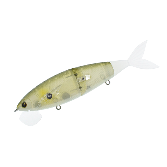 Madotachi Gimikin Swimbait in translucent green and white with segmented body and lifelike fish eyes, designed for realistic movement in fishing tackle.