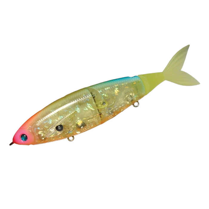 Madotachi Gimikin Swimbait fishing lure with segmented translucent body, blue and yellow color gradient, and lifelike tail designed for realistic swimming motion in water.