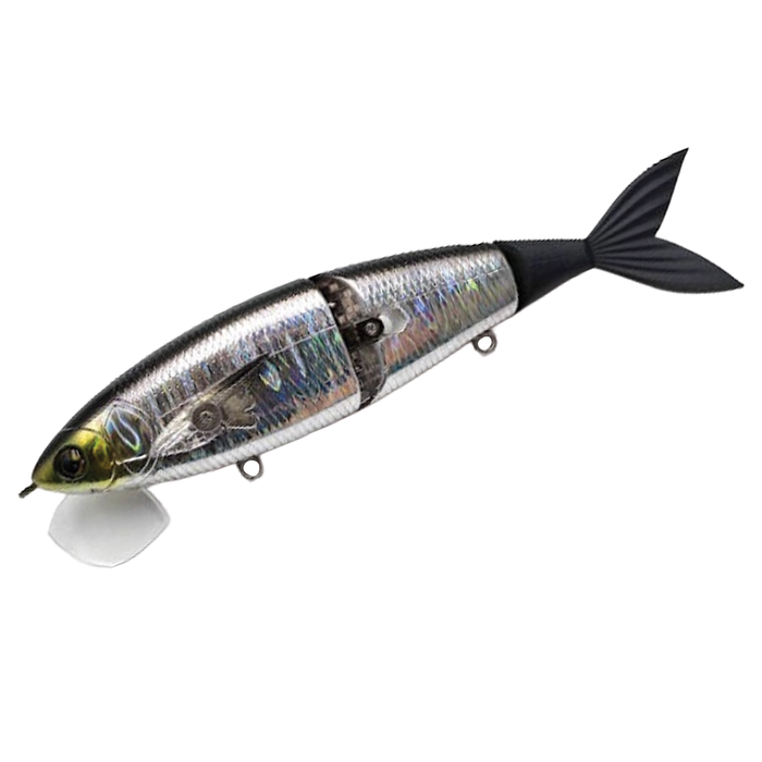 Madotachi Gimikin Swimbait designed to mimic a small fish with a segmented silver body, realistic eyes, and a flexible black tail for effective fishing tackle use.