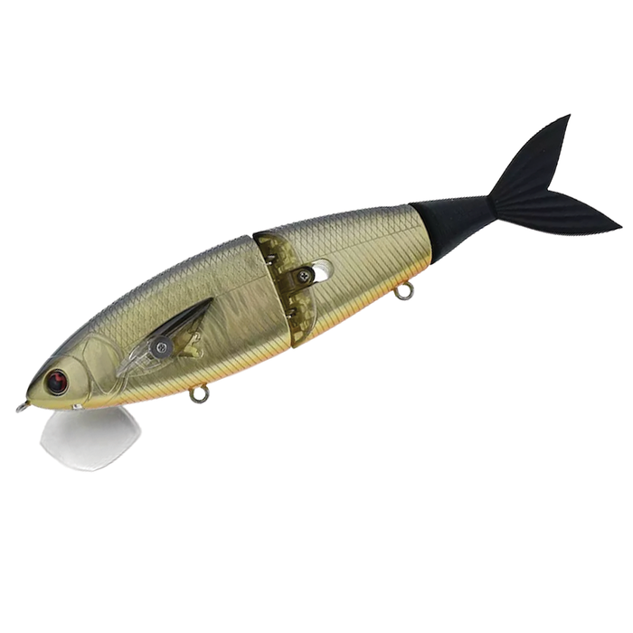 Madotachi Gimikin Swimbait designed with a segmented, lifelike fish body in silver and black, featuring a realistic eye, soft tail fin, and a molded diving lip for fishing tackle.