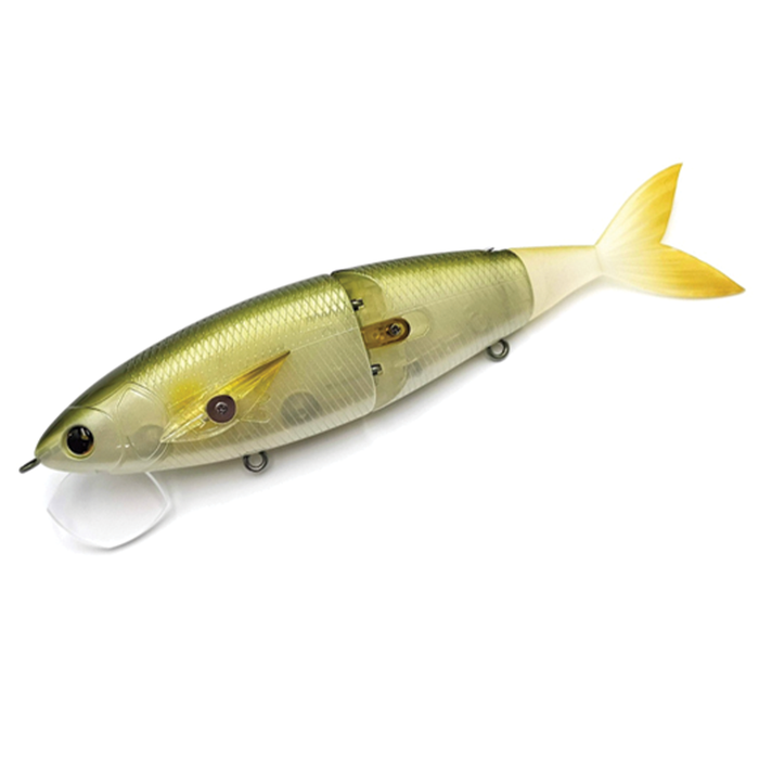 Madotachi Gimikin Swimbait fishing lure with segmented body design, realistic fish scale texture, and a yellowish tail, ideal for musky fishing tackle.
