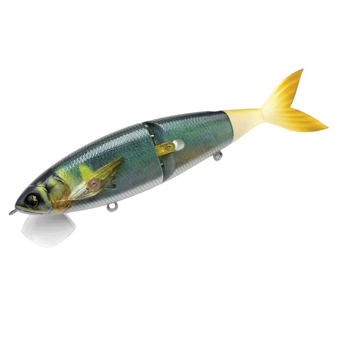 Madotachi Gimikin Swimbait fishing lure with realistic segmented fish body design, detailed scales, yellow tail, and clear plastic lip for lifelike movement in water.