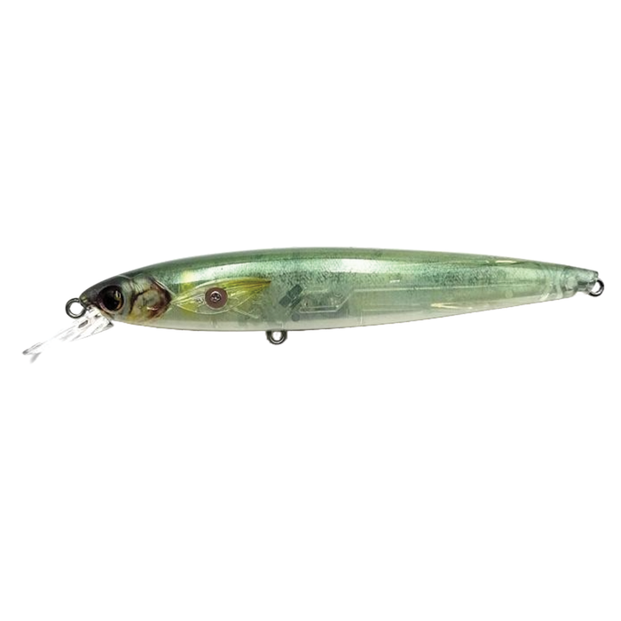 Madotachi Hanitas SF Minnow fishing lure in translucent green with detailed fish eye design and small metal lip for realistic swimming motion.